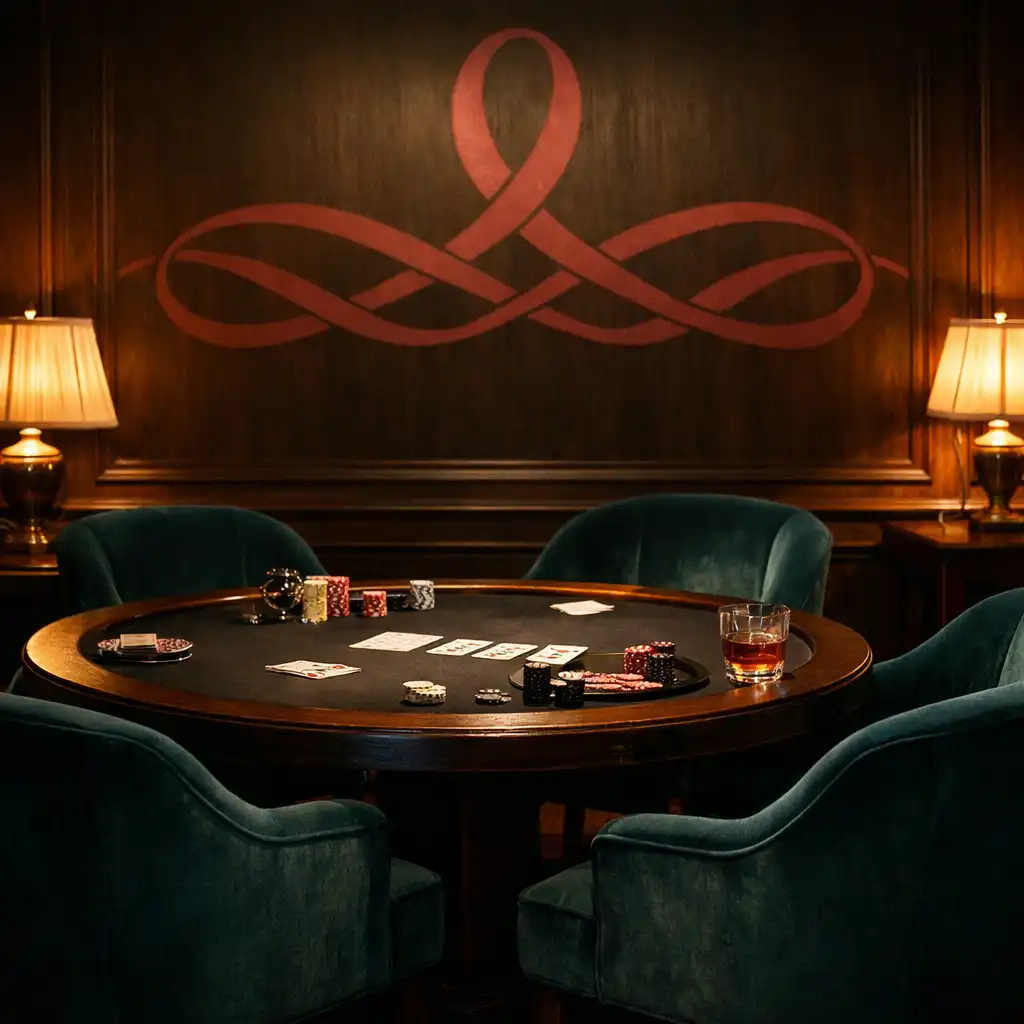 Dimly lit Card Lounge interior with deep teal velvet chairs around a dark wood poker table