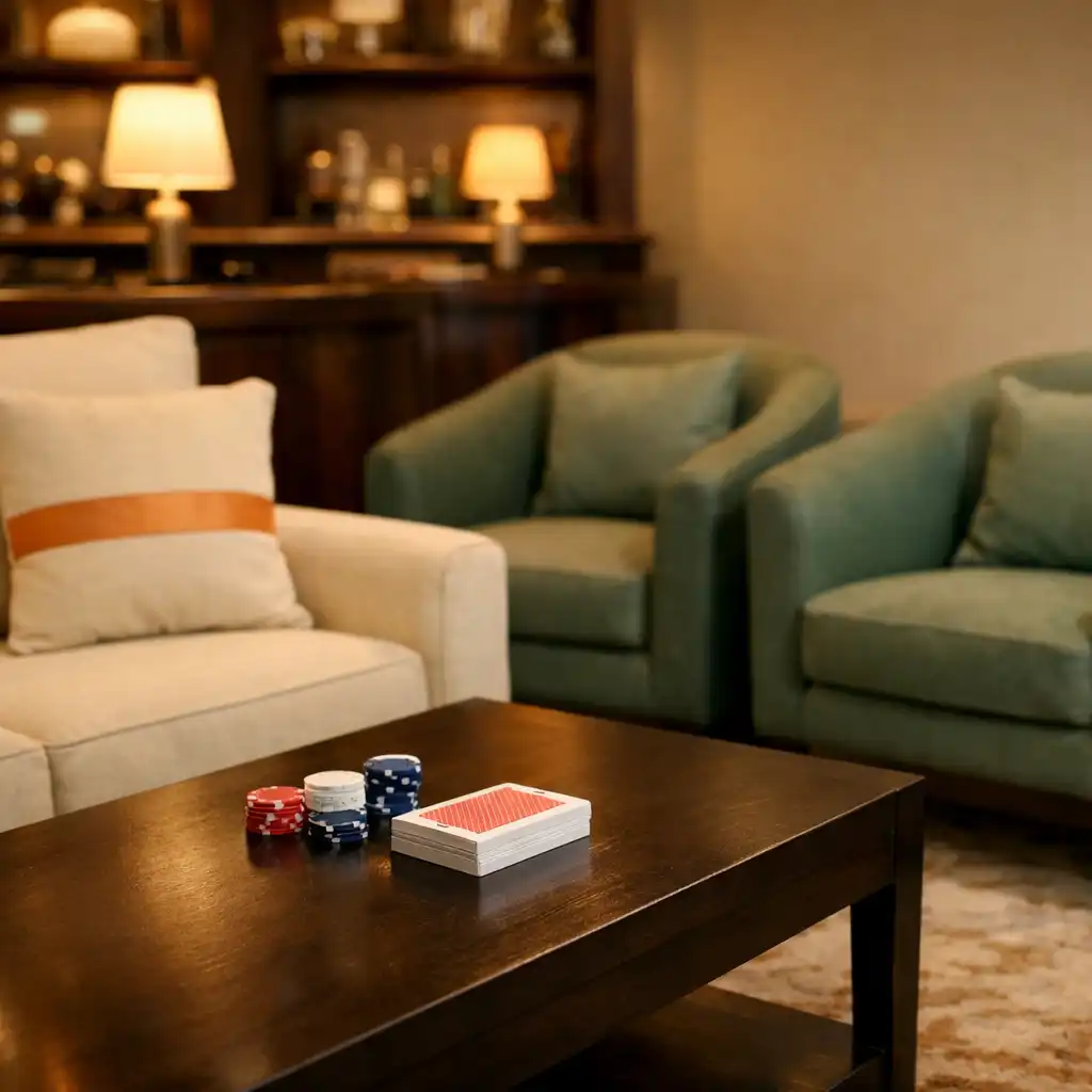 Comfortable seating in the Card Lounge with a low table and playing cards