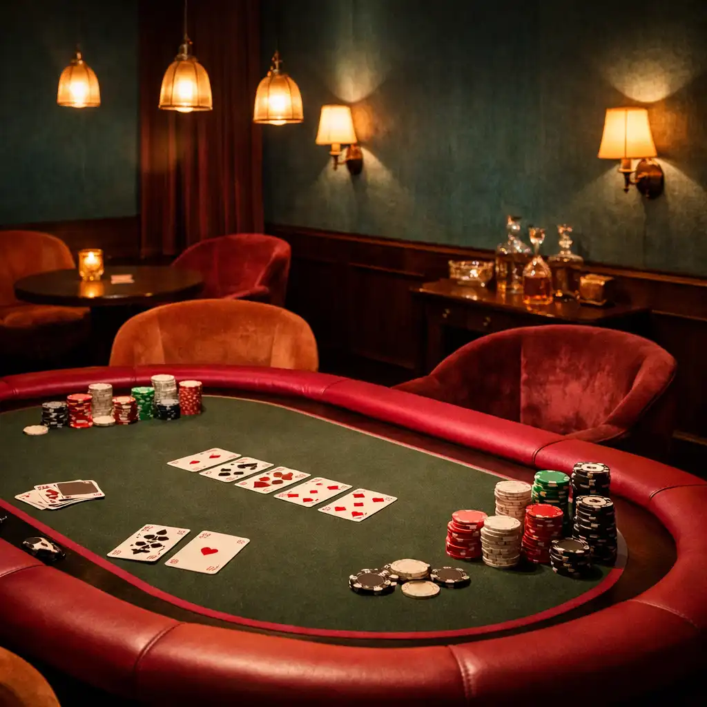 Intimate card lounge with velvet chairs and a poker table under warm pendant lighting