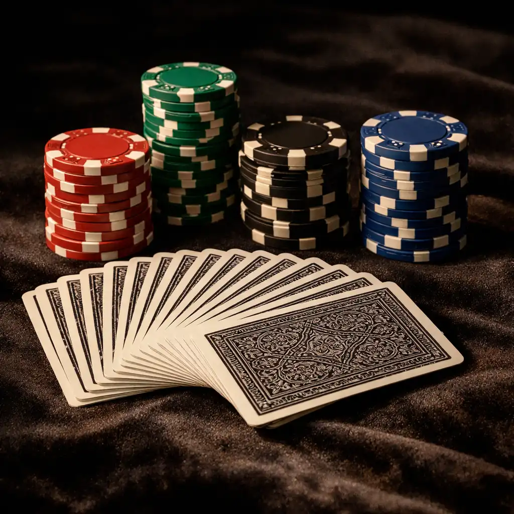 Playing cards and ceramic poker chips arranged on a dark velvet surface