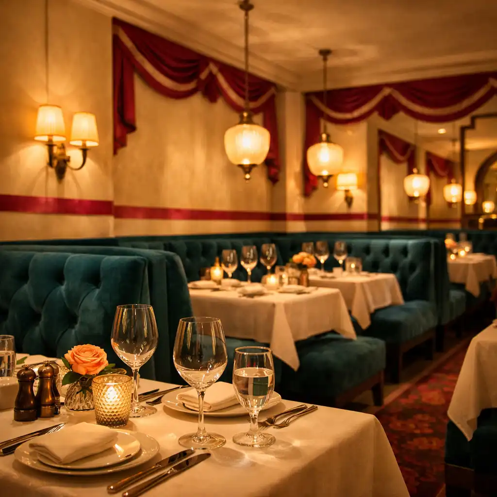 Elegant restaurant dining room with deep teal velvet booths, warm ivory walls, and soft pendant lighting