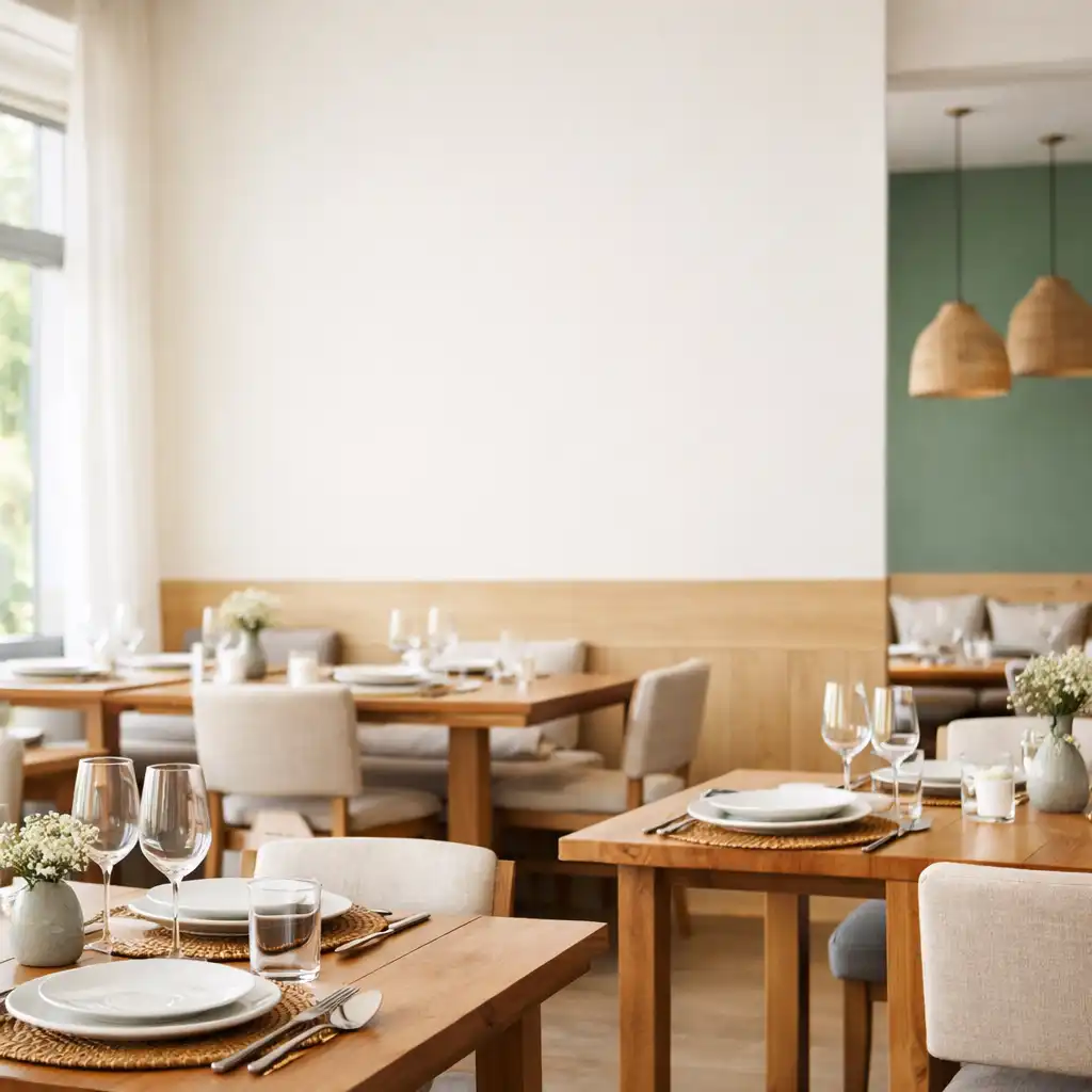 A bright contemporary restaurant interior with warm ivory walls, wooden tables, and soft natural light