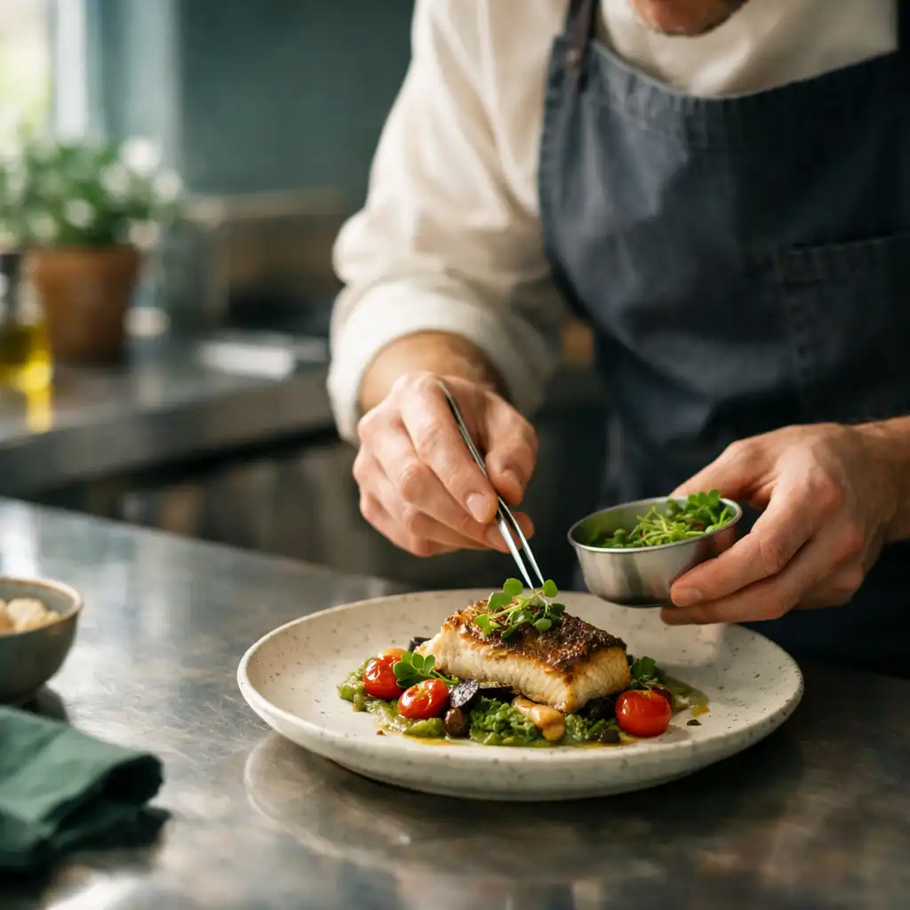 Chef carefully plating a dish in a modern kitchen with natural light and stainless steel surfaces