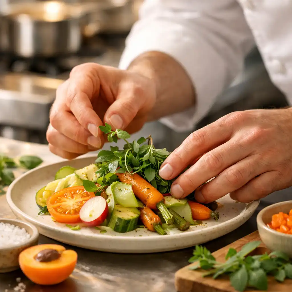 Chef's hands preparing a fresh dish with vegetables and herbs in a modern kitchen
