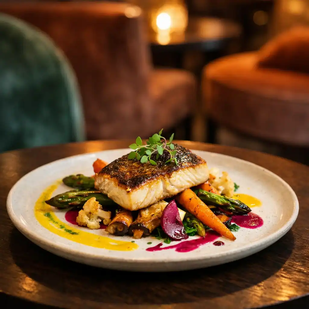 Beautifully plated contemporary Australian dish on a small table in the lounge