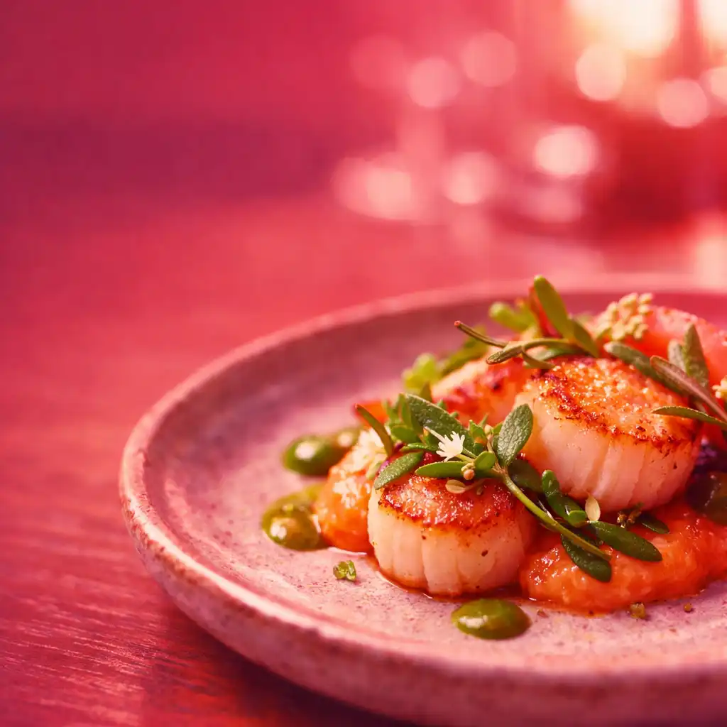 A beautifully plated contemporary Australian dish with seared scallops and native herbs on a ceramic plate