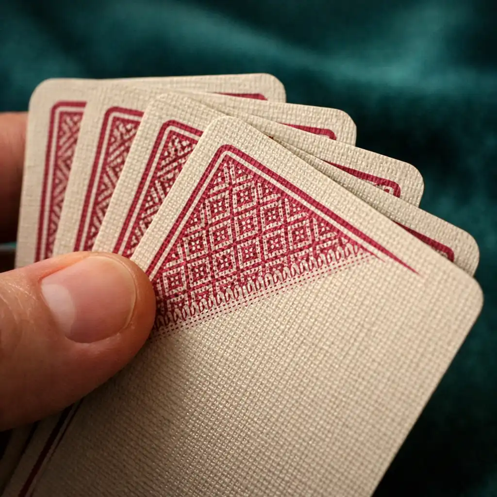 Macro shot of a hand holding premium playing cards with a linen finish, showing the texture and edges against a blurred deep teal background.