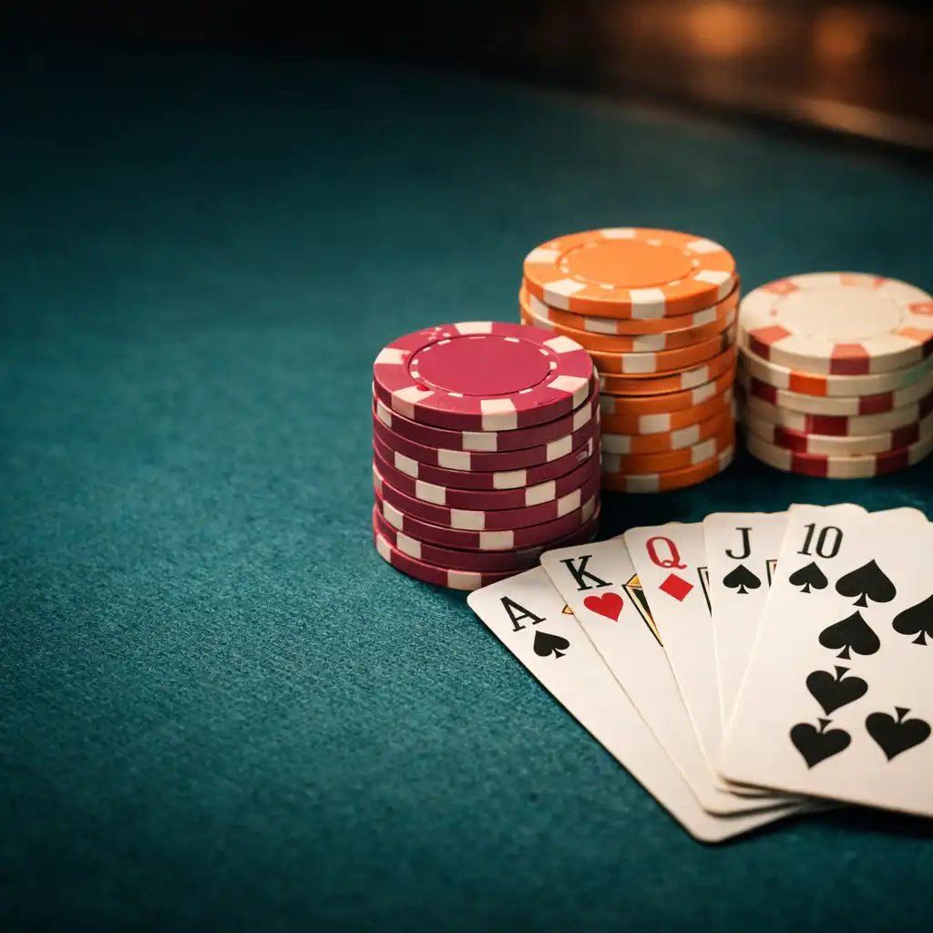 Close-up of poker chips and playing cards on deep teal felt