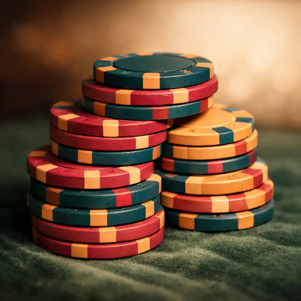 Close-up of a stack of poker chips in muted deep teal, raspberry, and apricot tones on a velvet surface.