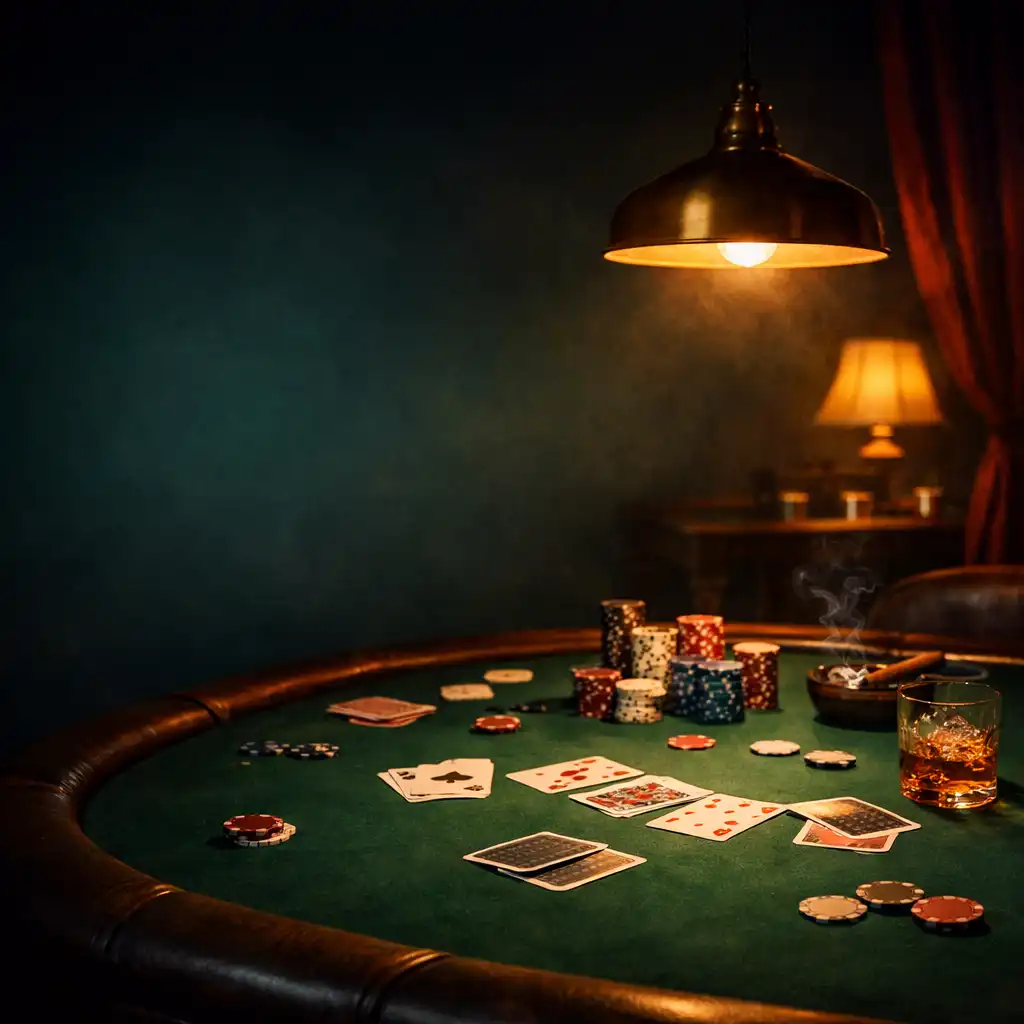 An atmospheric poker room with a green felt table, playing cards and poker chips under warm pendant lighting