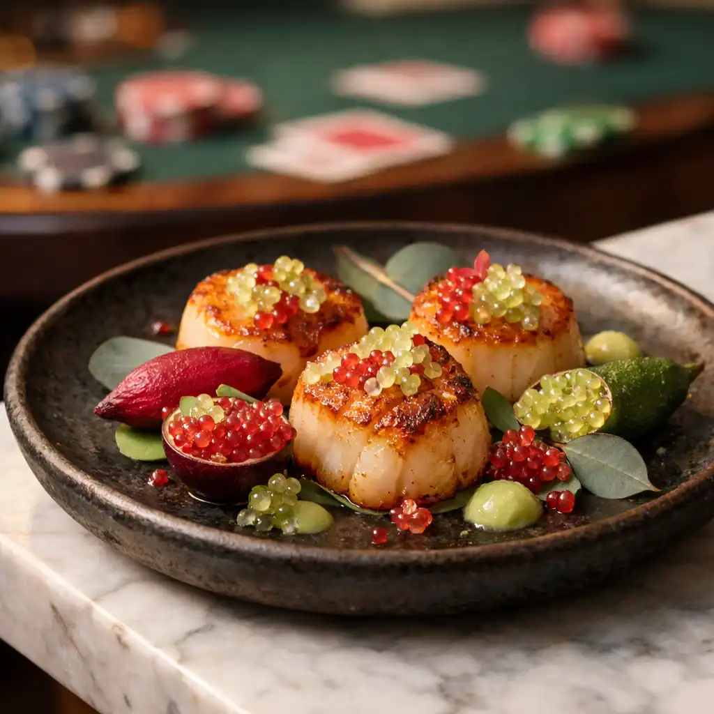 Contemporary Australian small plate with seared scallops and finger lime on a dark ceramic dish