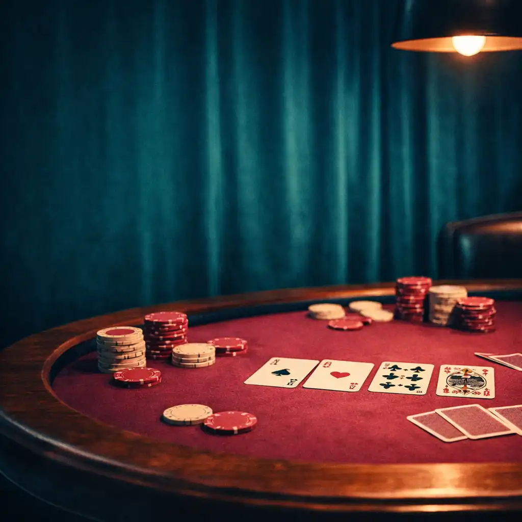 Warmly lit poker room with timber table, raspberry felt, playing cards and clay chips