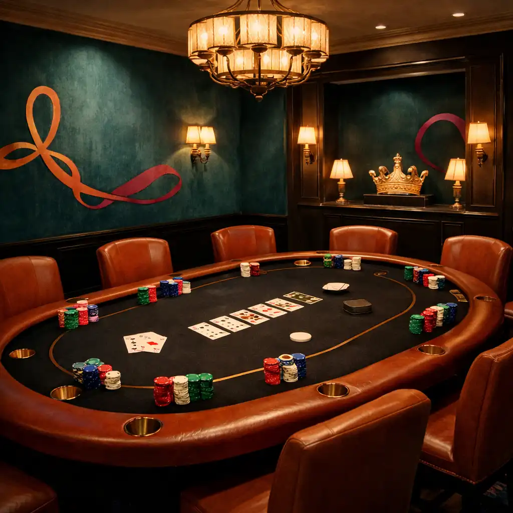 Interior of the Poker Room with a large table and warm ambient lighting