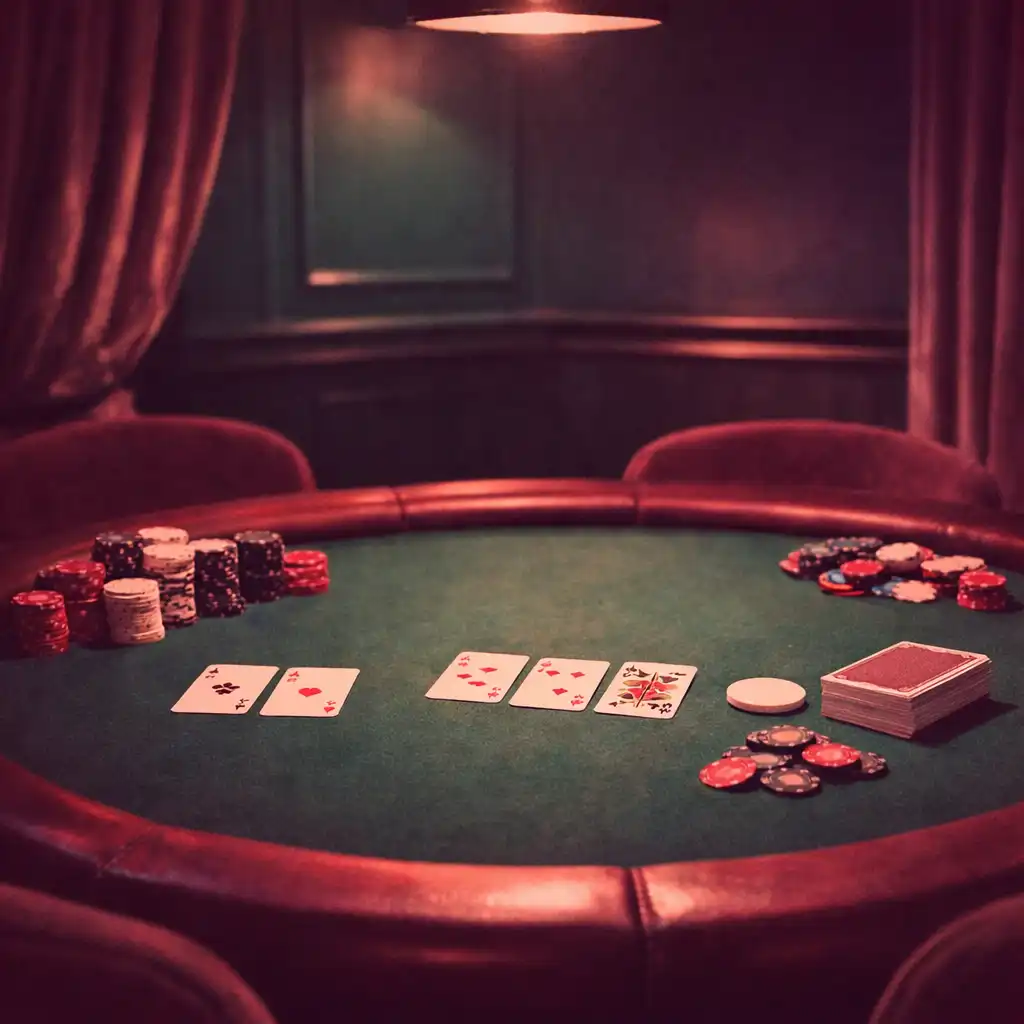 A warmly lit poker room with deep teal walls, velvet drapes, and a round green felt table with cards and chips
