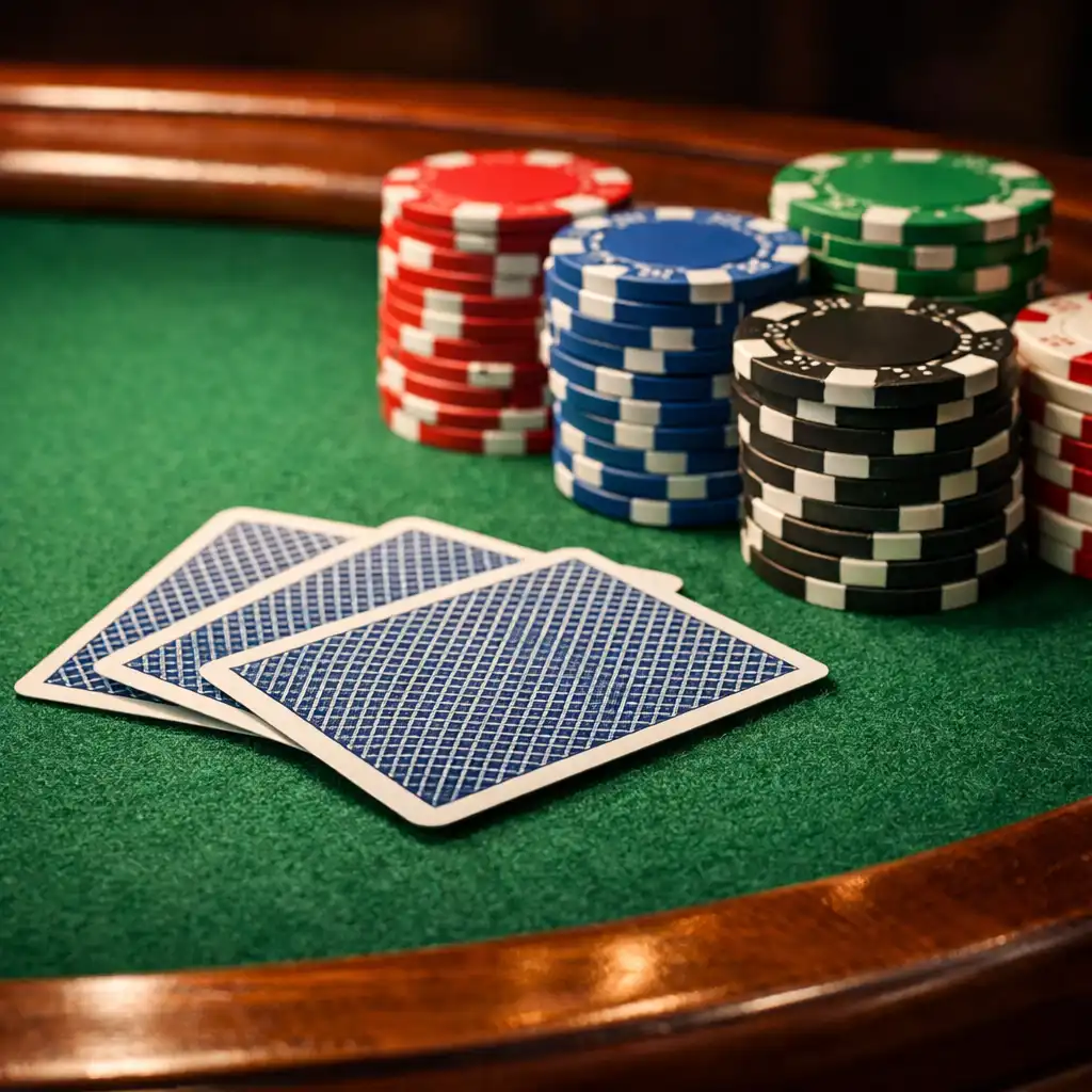 Close-up of a poker table with green felt, wooden rim, and neatly stacked ceramic chips