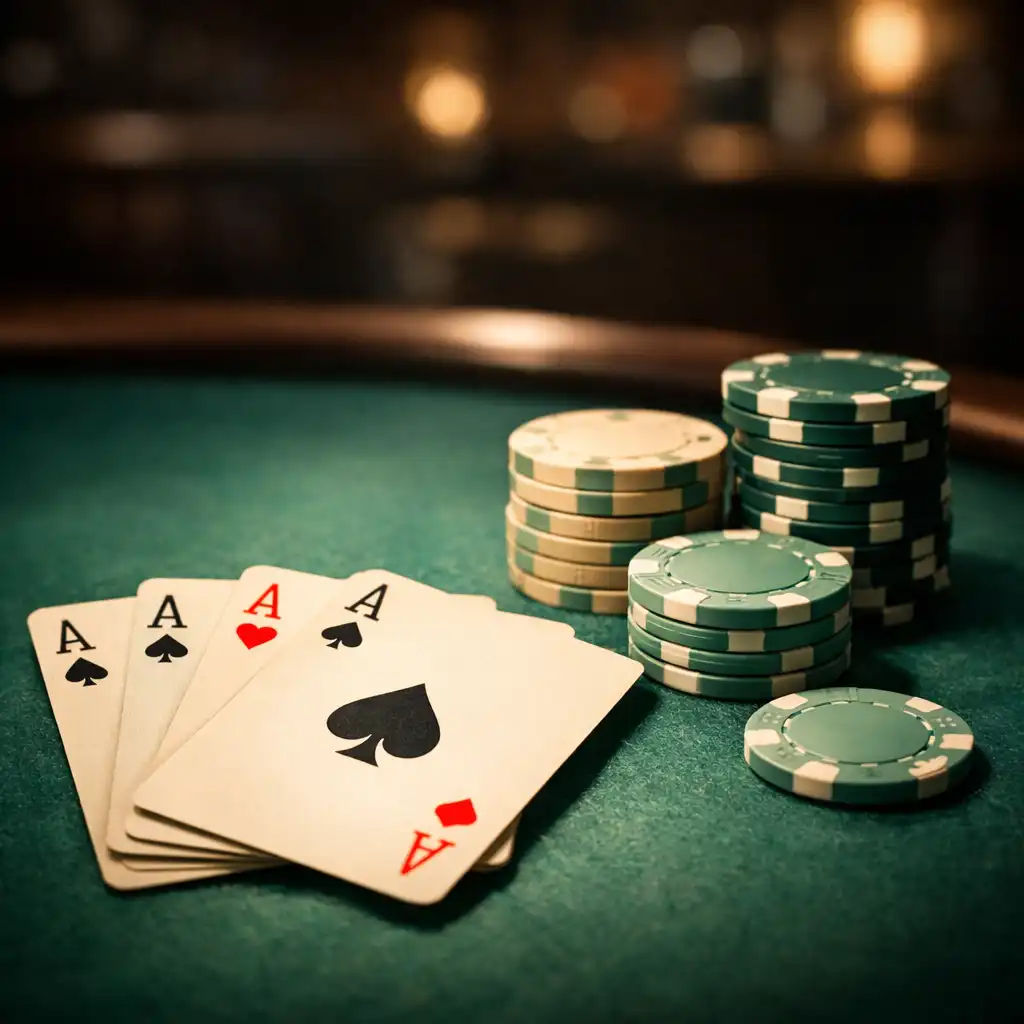 Close-up of a poker table with green felt, a fan of playing cards, and neatly stacked chips under warm spotlight