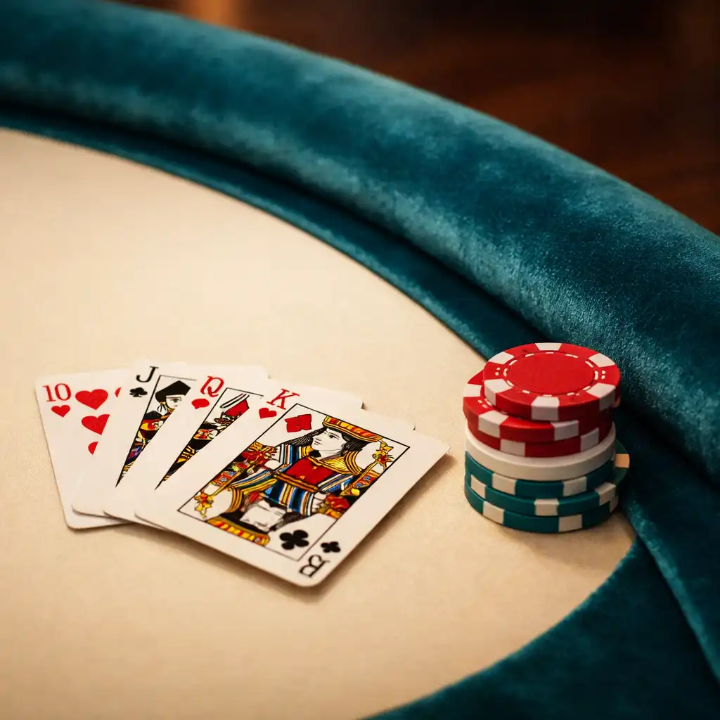 Close-up of a luxurious poker table surface in warm ivory, edged with a deep teal velvet ribbon, with playing cards and a small stack of chips nearby.