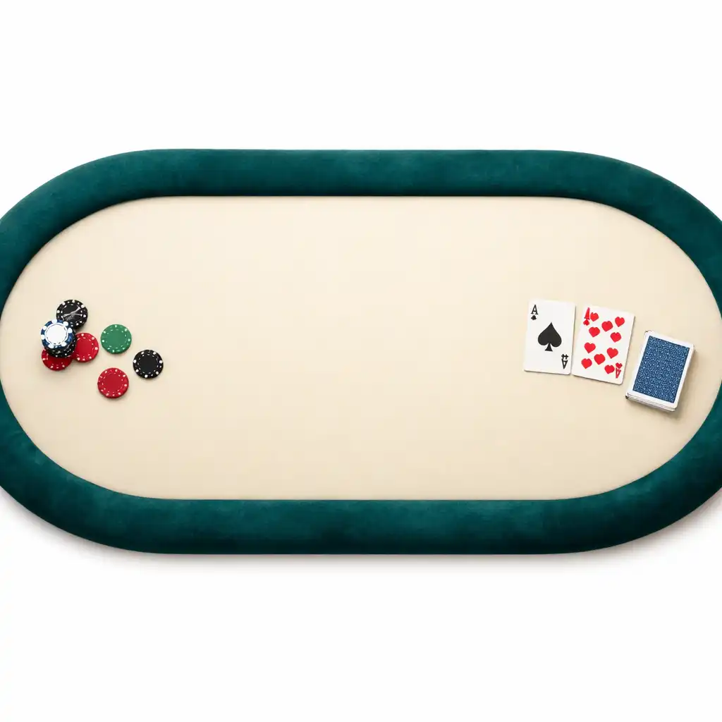 Top-down view of an oval poker table with a warm ivory playing surface and deep teal velvet trim.