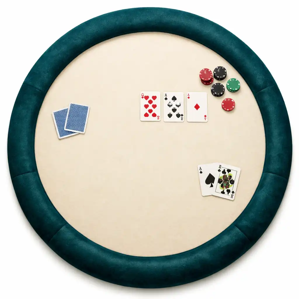 Top-down view of a round poker table with a warm ivory playing surface and deep teal velvet trim.