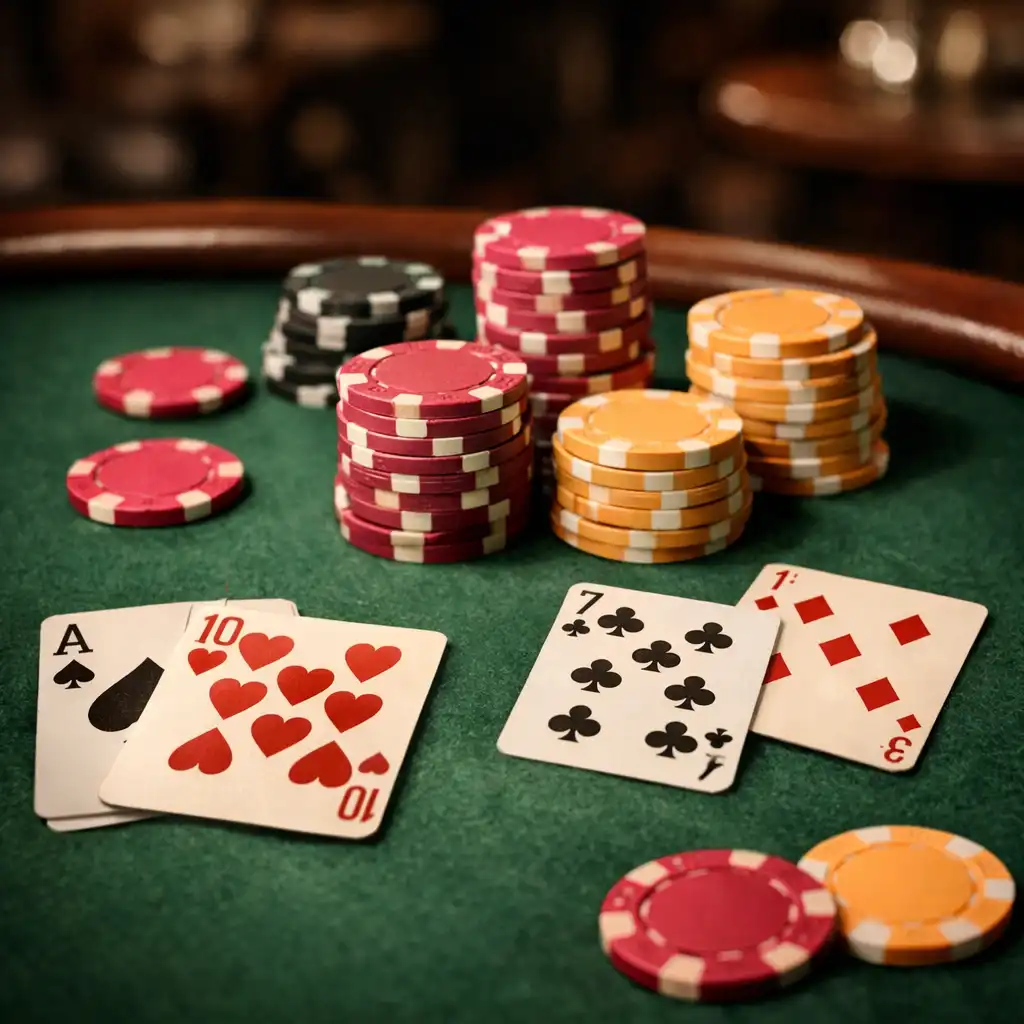 Close-up of a physical poker table with green felt, playing cards, and stacks of colourful chips