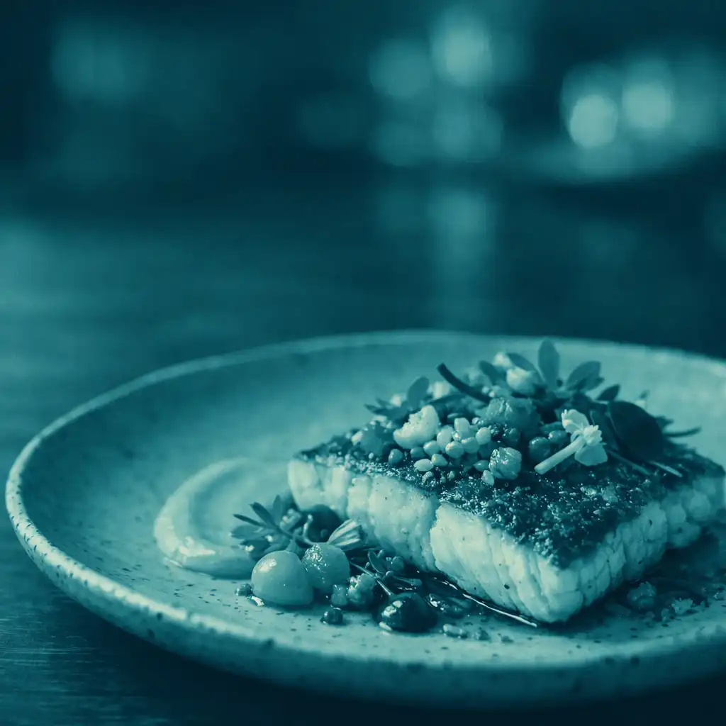Seared barramundi with native herbs and finger lime on a ceramic plate, set on a dark wooden table with warm lighting