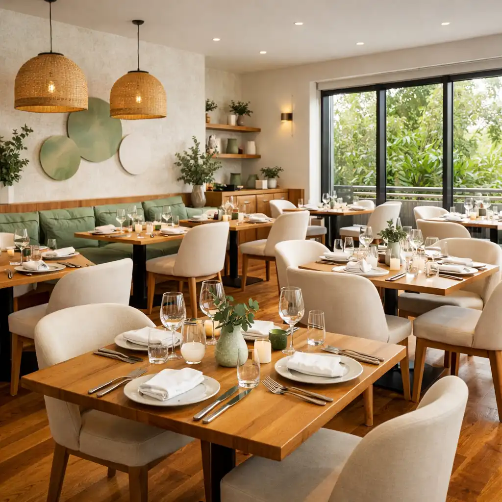 Bright and airy restaurant dining area with elegant table settings and warm ivory chairs