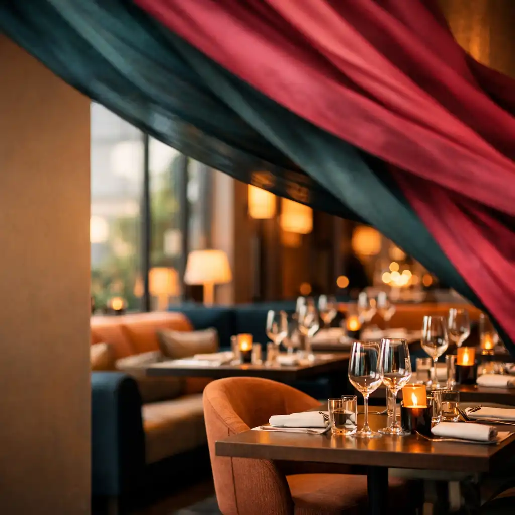 Warmly lit contemporary restaurant interior with elegant table settings and plush seating